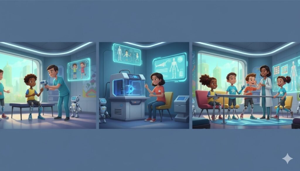 The first time a child tries on a prosthetic limb