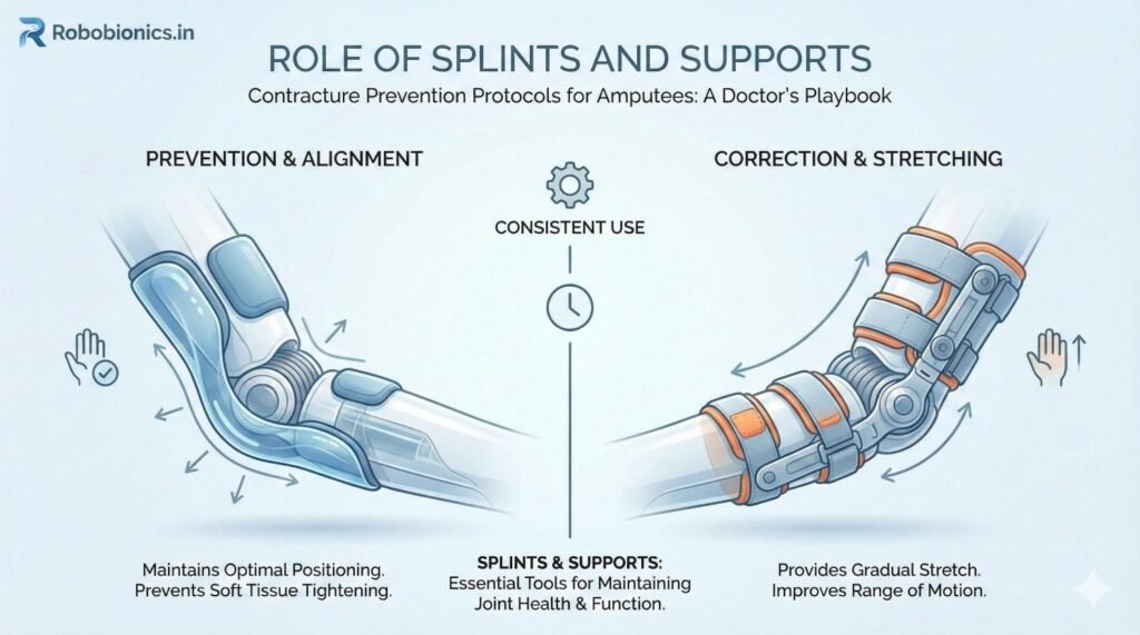 Splints help maintain joint position when patients cannot actively move well