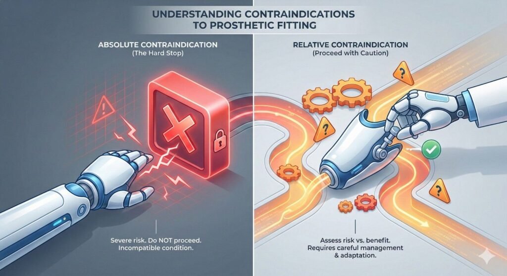 Absolute contraindications are conditions where prosthetic fitting
