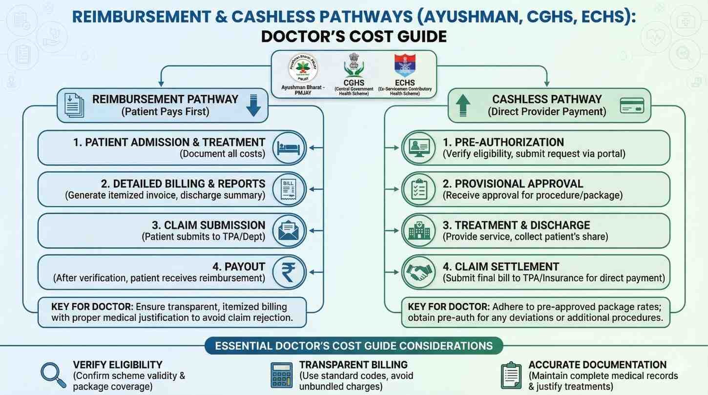 Reimbursement & Cashless Pathways (Ayushman, CGHS, ECHS): Doctor’s Cost Guide